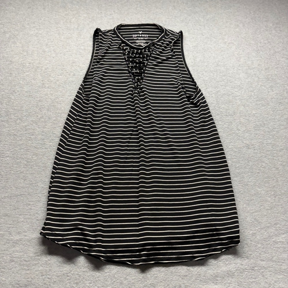 American Eagle Soft & Sexy Striped Lace Up Tank Top Black White Womens Small